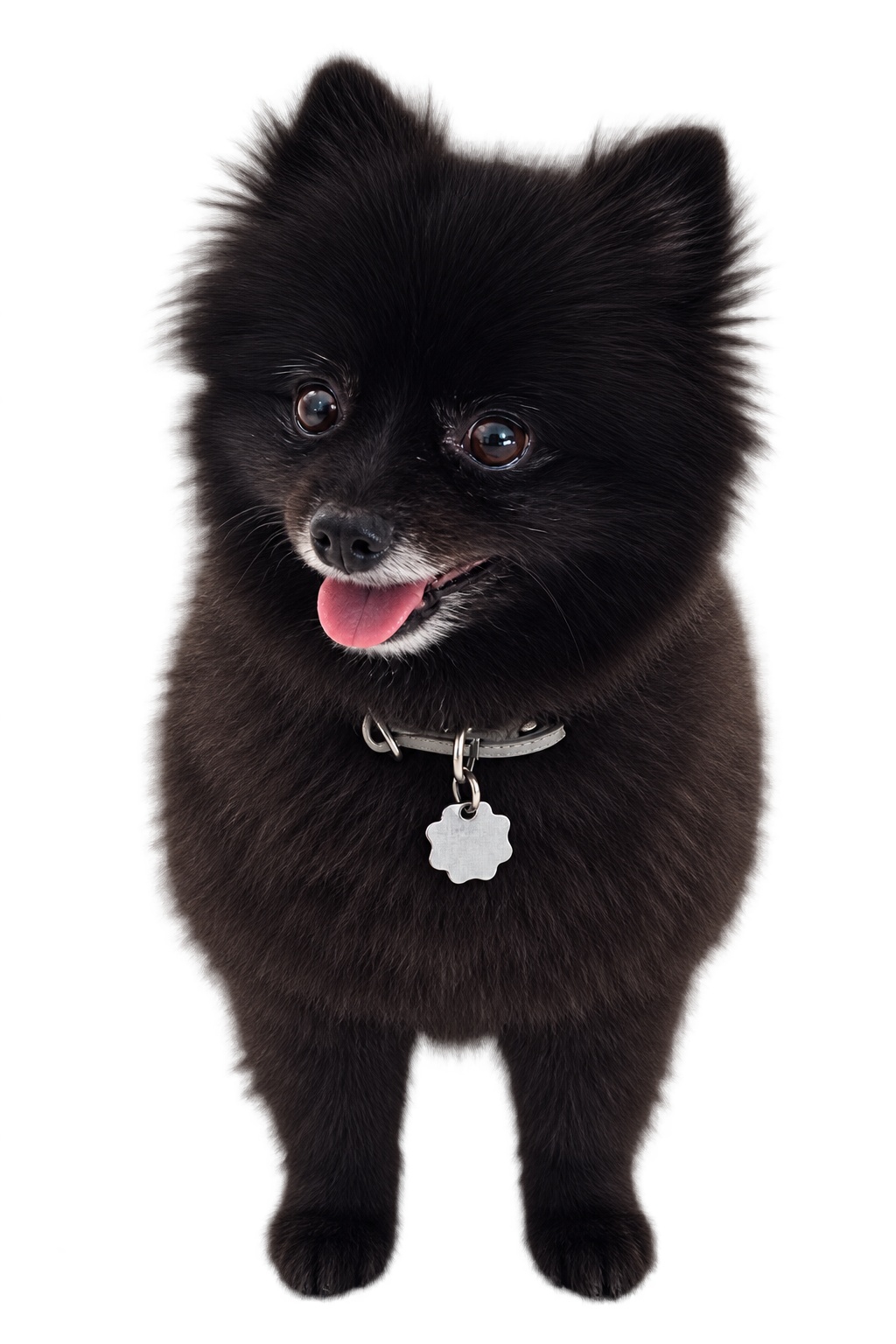 Mailo, unser schwarzer Hund, sitzt aufmerksam in der Bildmitte